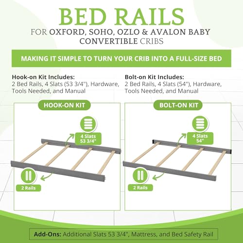 Image of Full-Size Conversion Kit Bed Rails for Oxford, Soho, Ozlo & Avalon Baby Convertible Cribs - Solid Wood - Toddler and Adult Rail for Full-Size Bed - Nursery & Baby Furniture (Rustic Grey, Bolt-On Kit)