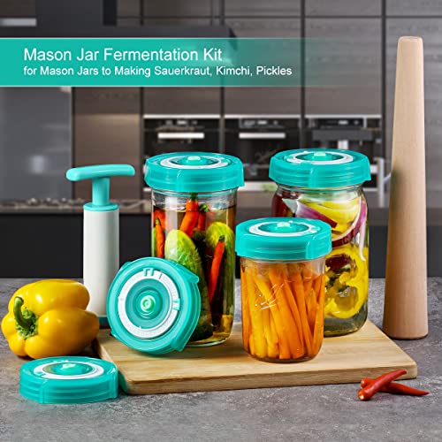 Aieve Fermentation Lids, 6 Pack Mason Jar Fermenting Lids With Extractor Pump And Sauerkraut Pounder Fermenter Lids Fermentation Kit For Wide Mouth Mason Jars To Make Sauerkraut, Kimchi, Pickles #TOP4