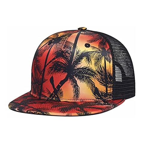 Palm Tree Print Trucker Hat - Explore The Outdoors - Snapback Mesh Hats for Men - Coconut Coco Flat Bill Brim Dad Adjustable Baseball Cap Cover