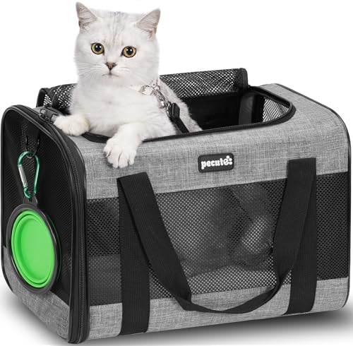 pecuteยฎ Pet Carrier Bag, Cat Carrier Handbag, Portable Dog Travel Bag with Foldable Bowl, Breathable Mesh Fabric, Suitable for Both Long And Short Trips, Used for Cats and Puppies Under 5KG (M,Grey)