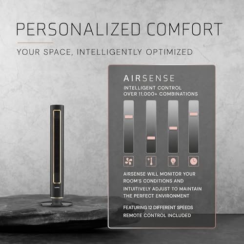Image of Lasko Pinnacle 40 inch DC Tower Fan for Bedroom, Living Room, Home Office - 32 ft /s Airflow, 50 ft Distance, 90 Oscillation - AirSense, 12 Speeds, Night Light - Quiet 24 dBA - Remote, Black