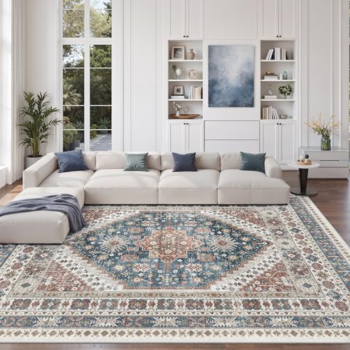 zesthome 8x10 Area Rugs for Living Room,Non-Slip Backing Washable Rugs,Vintage Large Area Rug，Stain Resistant Home Decor Rug (Navy Blue/Red,8'x10')