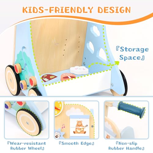 Image of Wooden Baby Walker, Baby Push Walker for 12+ Months, Baby Walker with Activity Center, Push and Pull Walkers for Boys Girls