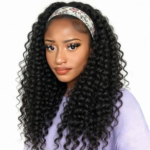 XSY Headband Wig Human Hair 16 Inch Deep Wave Glueless Wig Curly Headband Half Wigs for Black Women Machine Made Wigs 150% Density 1B# Natural Color