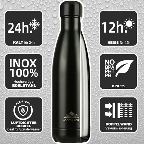 Mont-Clair l'O Trinkflasche Edelstahl - Thermosflasche - BPA-freie - Water Bottle, Edelstahl trinkflasche 500ML - 24h Kalt & 12h Warm - Trinkflasche Auslaufsicher - Schwarz