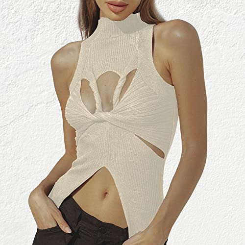 Image of Women Strapless Crop Top Sexy Hollow Out Twist Front Knitted Tank Tops Sleeveless Y2K High Neck Cut Out Sweater Vest
