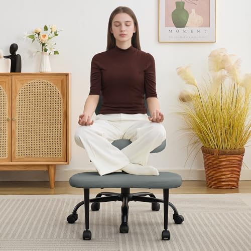 Image of Ergonomic Criss Cross Legged Office Chair, ADHD Chair, Wide Height Adjustable Seat 360 Swivel Footstool with Wheels, PU Leather Meditation Kneeling Chair, for The Restless Home Workers, Grey