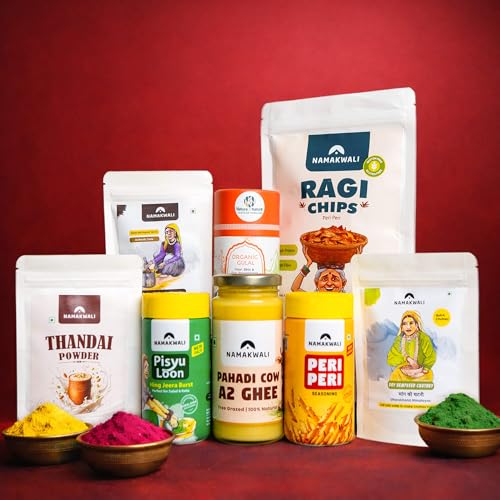Image of Namakwali Holi Celebration Gift Combo ( 8 products ) - A2 Pahadi Ghee, Thandai Masala, Organic Gulal, Pahadi Chutney Powder, Peri Peri & Hing jeera seasoning, Magic Masala & Ragi Chips | Festive Gift Hamper
