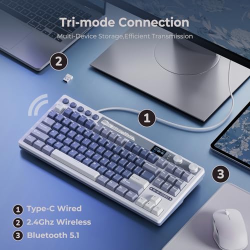 Image of RK ROYAL KLUDGE Wireless Gaming Keyboard with Screen and Dual Knob, 75% Percent 2.4Ghz /Bluetooth /USB-C Mechanical Keyboard with Gasket Structure, RGB Backlit Hot Swappable Cream Switch, Blue