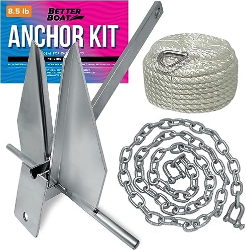8.5lb Heavy Boat Anchor Kit, Fluke Design with Chain and 75FT Rope, for 15
