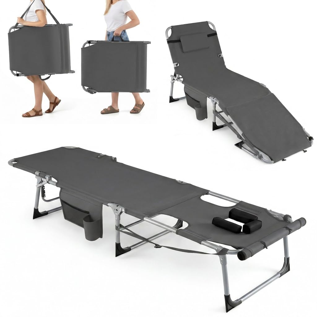 Multigot Folding Sun Lounger, 4-Position Adjustable, Face Hole (Grey)