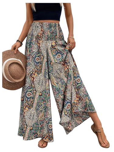 Verdusa Women's Boho Paisley Baggy Pants Shirred High Rise Wide Leg Long Trousers