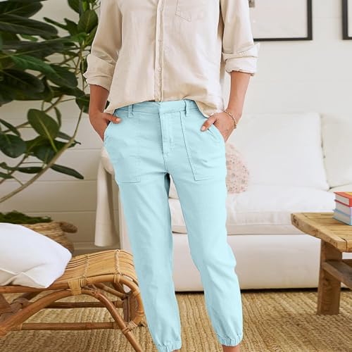 Women Linen Joggers High Waisted Tapered Leg Cropped Chino Dress Pants with Pockets Casual Fall Comfy Cute Travel Slacks4