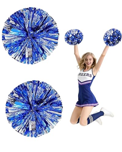 Fonyiunce 2 Pezzi Pom Poms Cheerleader, Pom Cheerleader Pom Pom con Manico, Metallico Cheerleading Pompons Pallina di Fiori per Riunione Sportiva, Stadio, Festa, Vacanze (Rosa Rossa, Argento) (Blu)