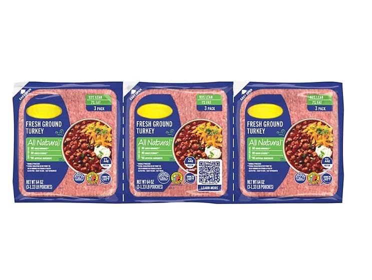 All Natural 93% Lean 7% Fat Lean Ground Turkey , Always tender and juicy , With 19 grams of protein per serving , provides an easy way to add lean protein to your weeknight meals. Enjoy this family-sized package of fresh turkey meat all year long for family dinners, party appetizers or grilled lunches .. 3 Pouches , Total [ 64 oz , 4 lb ] .. 1.33 lb Each .
