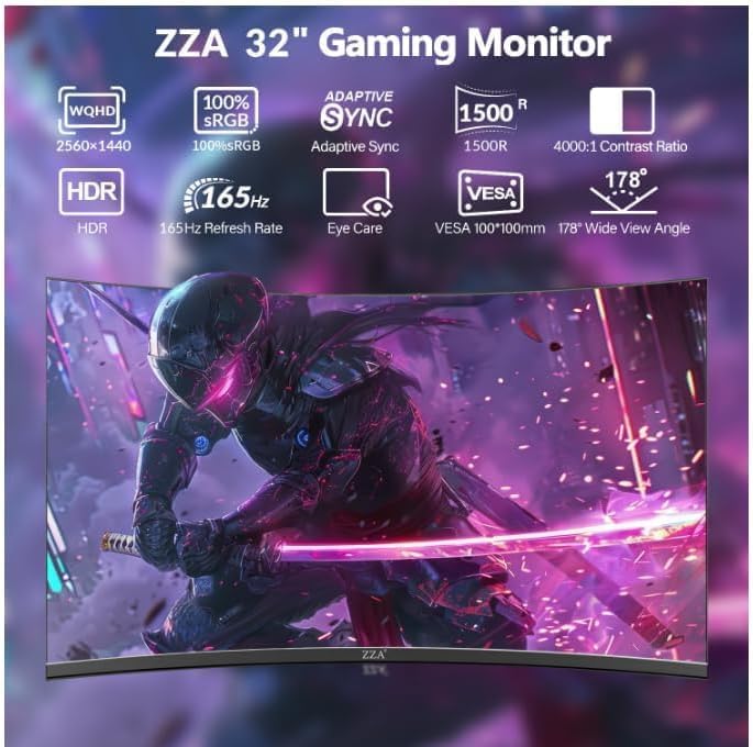 ZZA 32 Inch Curved Monitor,1440p VA Screen 165Hz, 1500R Curved Gming Monitor,Computer Monitor 1ms,FreeSync & G-Sync, HDR - Additional View