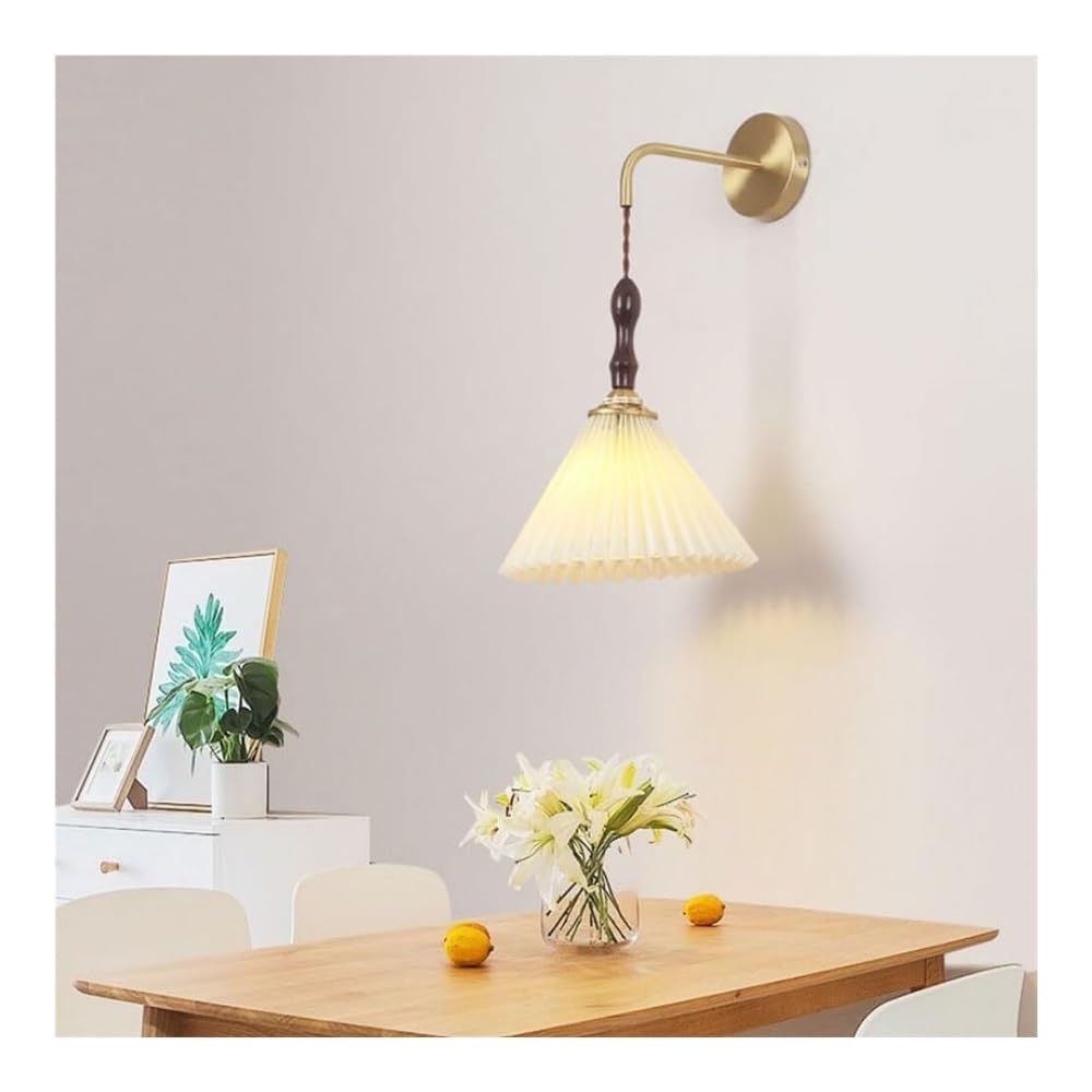 HPTHLY Vintage Walnut Bedside Wall Sconce With Pleated Shade Japanese Indoor Hallway Stairs Wall Light Mid Century Bedroom Aisle Brass Wall Mounted Lamp For (Small)