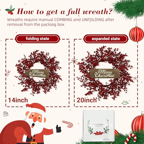 Image of YNYLCHMX 20 Inch Christmas Wreath for Front Door, Winter Wreath with Welcome Sign Red Berries, Artificial Door Xmas Wreaths for Window Wall Fireplace Farmhouse Holiday Party Decoration
