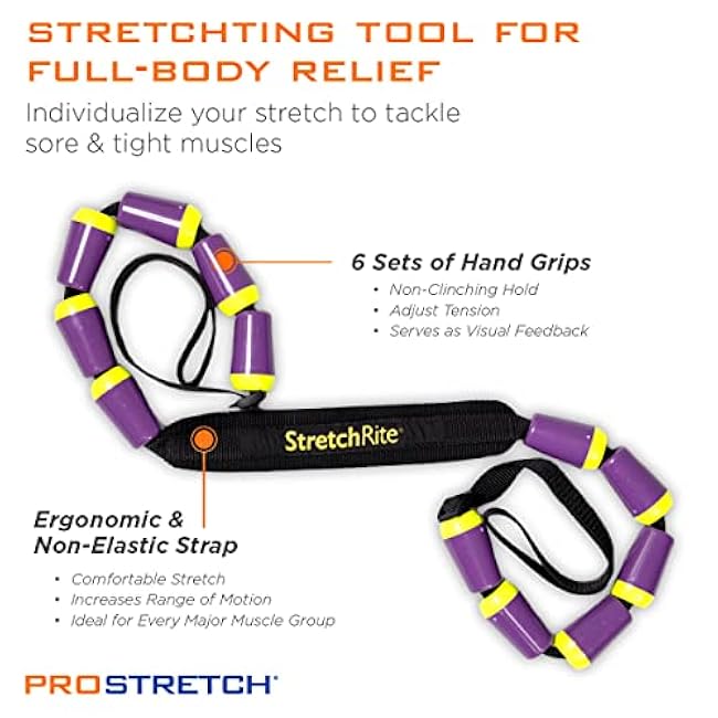 StretchRite Physical Therapy Full Body Stretching Strap with Patented Easy Grip Handles for Sore and Tight Muscles, Includes Coaching Guide (Purple/Yellow)