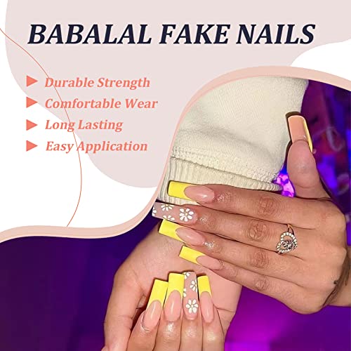 Babalal Coffin Press On Nails Long French Tip Fake Nails Yellow Glossy Glue On Nails Flower Ballerina Acrylic Nails 24Pcs With Flower Design Stick On Nails #TOP4