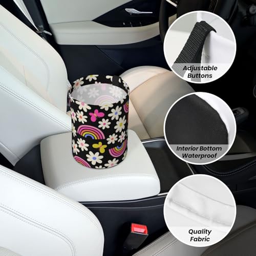 Image of Car Trash Bag Rainbow and Flowers Waterproof Trash Small Car Can Portable Collapsible Car Garbage Can Hanging for Back Seat Floor or Hanging Headrest Car Decor Road Trip Essentials