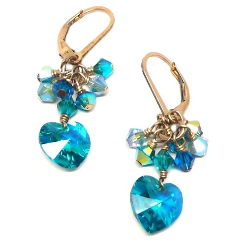 10x10mm Crystal Heart Blue Zircon Cluster Drop Earrings Gold-Filled