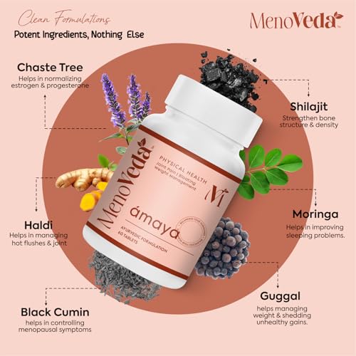 Image of Menoveda Amaya Peri & Post Menopause Supplement for Women 35+ | Ayurvedic Tablets to Support - Joint Pain, Fatigue, Bloating | Bone, Heart & Gut Health | Shatavari, Ashwagandha, Moringa