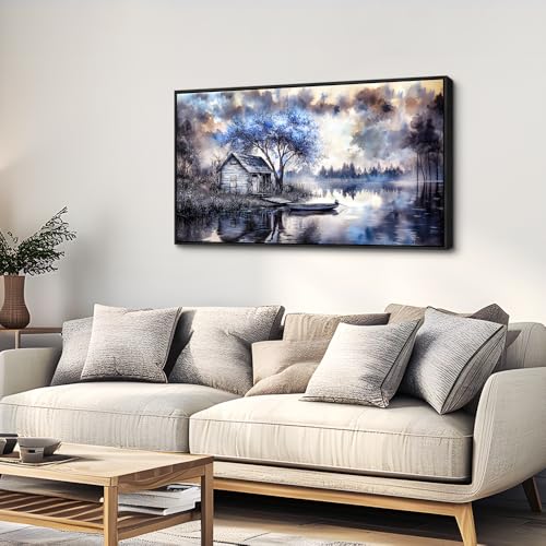 ERQINHUA Wall Art For Living Room Canvas Wall Decor For Bedroom Office Decoration Blue Tree Lakeside Landscape Painting Art Print Modern Beach Posters Ready To Hang Home Decor Black Frame 20"x40"