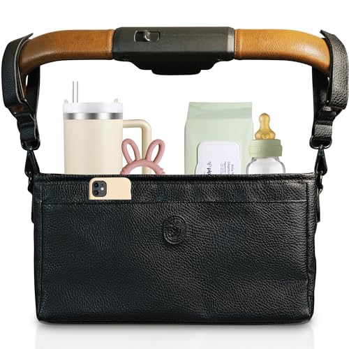Image of Universal Stroller Organizer with Cup Holder - Vegan Leather Stroller Caddy, 4 Built-In Pockets, Shoulder Strap, Fits Mockingbird, UppaBaby, Nuna, BOB and More