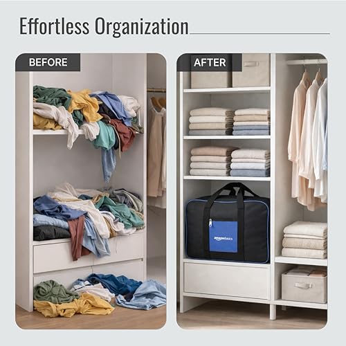 Image of amazon basics 69L Large Storage Bag (Pack Of 2) | Moisture Proof Nylon Big Storage Bag For Clothes With Wide Handles | Wardrobe Packing Container for Winter Blankets | 54x46x28 cm | Blue