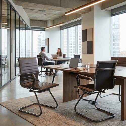 Image of HNY Leather Office Guest & Reception Chairs Set of 2, Modern Waiting Room Chairs with Arms, Desk Chair no Wheels with Sled Base for Waiting Room /Conference Room, Retro Black