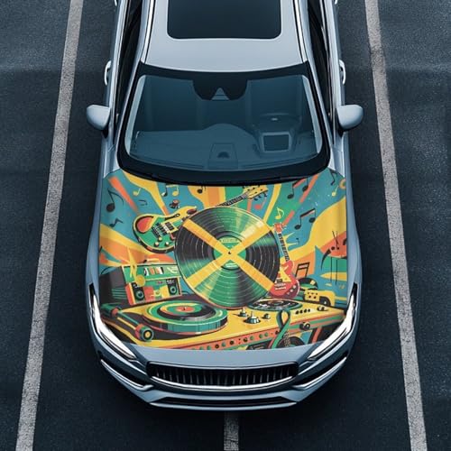 Image of Jamaican Flag Car Hood Cover Elastic Music Lover Jamaican Flag Automotive Exterior Accessories Guitar Vinyl Musical Note Pattern Sedans Hood Protection Suitable for Most Car