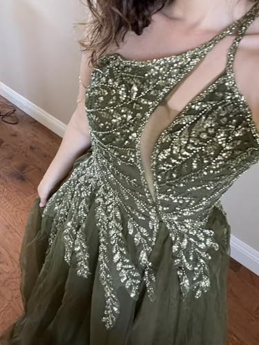 Beading Tulle Prom Dresses 2025 with Pockets Spaghetti Strap Formal Evening Dresses with Slit4