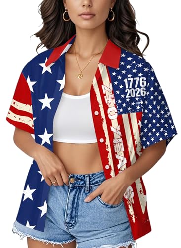 Image of Ithalt 4th of July Hawaiian Shirts Women American Flag Patriotic Short Sleeve Button Down Outfits Summer Vacation Tops