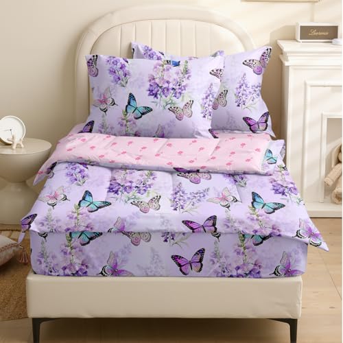 Image of Kids Comforter Set,Zipper Bedding Twin for Girls,Purple Butterfly Printed Comforter Set with Color Spots Fitted Sheets and Pillowcases for All Season(Purple Butterfly)