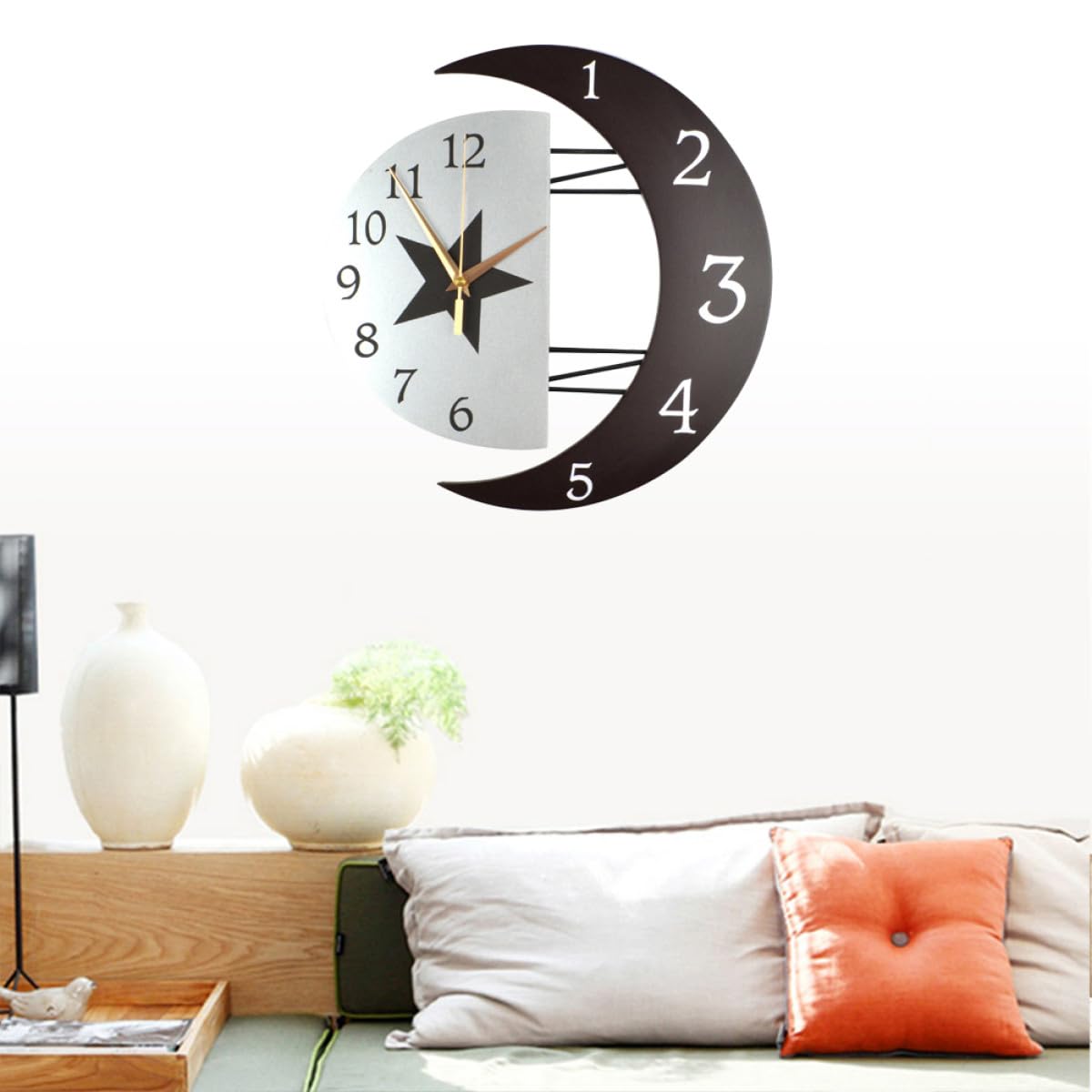 Toyvian Mondförmige Wanduhr mit Quarzwerk, Schwarz, Geräuschlos | Künstlerische Rahmenoptik, Klar Digitale Anzeige, 1 Aa Batterie nicht Enthalten