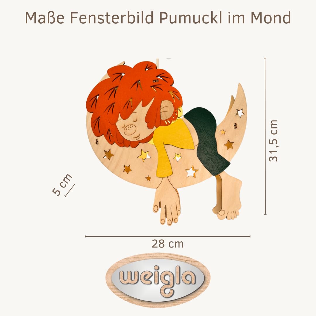 weigla - Fensterbild original Erzgebirge I Motiv Pumuckl im Mond I Weihnachtsdeko I 1 Lampe I 7 W, E14 I Weihnachtsbeleuchtung I Fensterdeko hängend