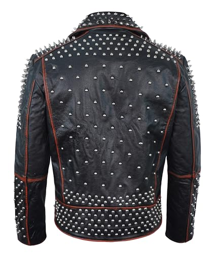 Image of Men's Studded Cowhide Leather Biker Jacket - Punk Rock Spiked Brando Coat