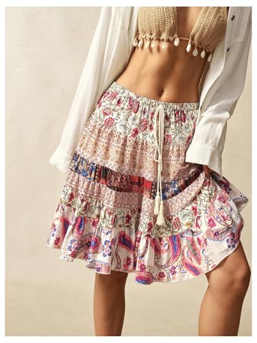 Women's Boho Paisley Short Skirt Tie Knot Flowy Summer Vacation A Line Skirt4