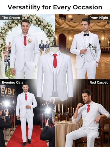 Image of Furuyal Men's Suits 3 Piece Slim Fit Suit Set,Two Button Wedding Business Tuxedo Solid Blazer Jacket Vest Pants with Tie