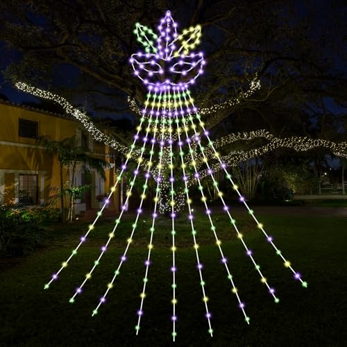 Quasynel 12ft Mardi Gras Lights Decorations - Green Purple Gold Mardi Gras Fleur De Lis Mask String Light Outdoor 330 LEDs Waterfall Lights for Tree Garden Yard Party Decor