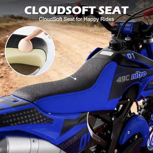 Image of 50cc Dirt Bike, 2 Stroke Gas Mini Bike for Kids 8-14 with Front Rear Disc Brakes, 10 Inch Off-Road Tires, Shock Absorption, Seat Height 23.6in, Max Speed 40mph, 2026 Upgraded (Blue)