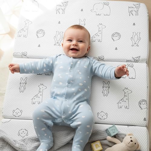 Image of Trifold Pack and Play Mattress, 38x26 Dual Sided Memory Foam Baby Mattress for Pack n Play, Portable Foldable Pack Play Mattresses with Breathable Animal Cover & Travel Bag