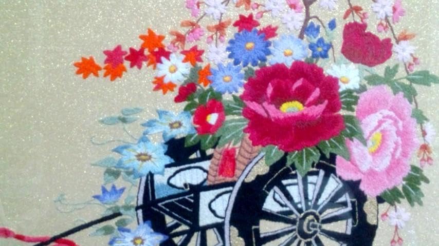 刺繍額  花車 文化刺繍 花車 額付き 文化刺繍