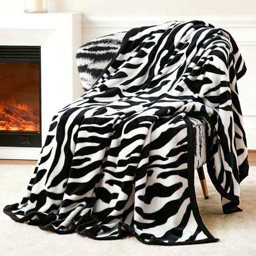 Manta PU MEI Fuzzy Flannel para Sofá, Cama, Estampado Cebra Blanco y Negro - Ligera y Doble Cara Súper Suave, 50" x 60" pulgadas
