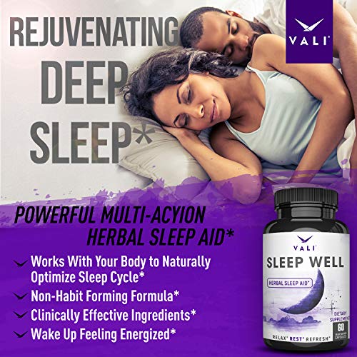 Sleep Well Natural Sleep Aid Supplement - Vegan Non Habit Forming Herbal Sleeping Pills for Adults. Calm, Relax Fast, Support Rest & Wake Refreshed. Melatonin, Valerian, Chamomile - 60 Veggie Capsules