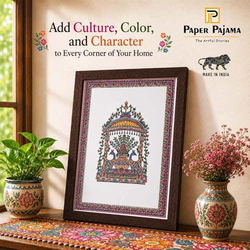 Image of PAPER PAJAMA Madhubani Peacock Kalash Wall Art for Living Room | Traditional Mithila Folk Painting | Peacock & Floral Indian Framed Decor for Home, Office & Bedroom (10x13 Inches)