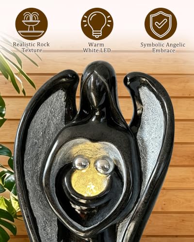Image of Guardian Angel Outdoor Water Fountain with LED Lights Black Gray Resin 49in