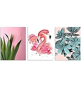 TutuBeer 3 Panels Wall Art Pink Tropical Wall Decor Plant Wall Art with Pink Flamingo at Pink Bac...