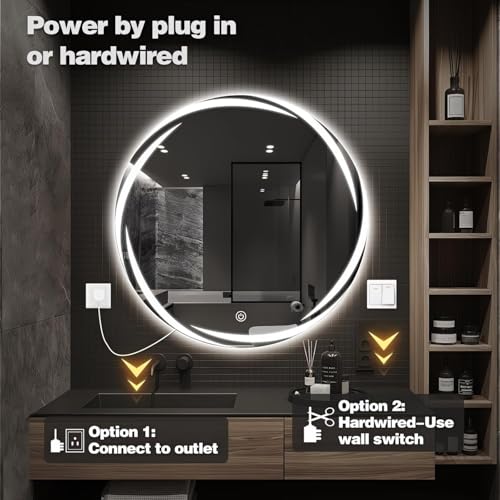 Image of ALFA Design 18 Inch Round Frameless LED Mirror | Wall Mounted with Touch Sensor, 3 Light Modes Natural, Warm & Cold White | Wall Decor for Living Room, Entryway, Washroom